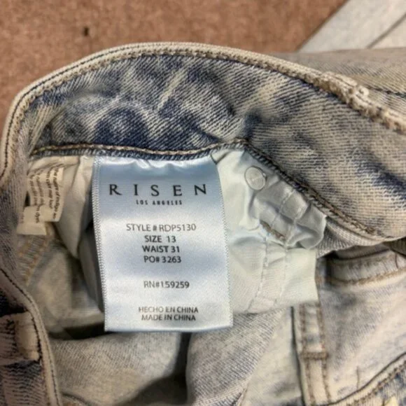 RISEN JEANS High Rise Distressed Knee, Relax Fit Flare Jean (13/31) Light Wash - Picture 7 of 10